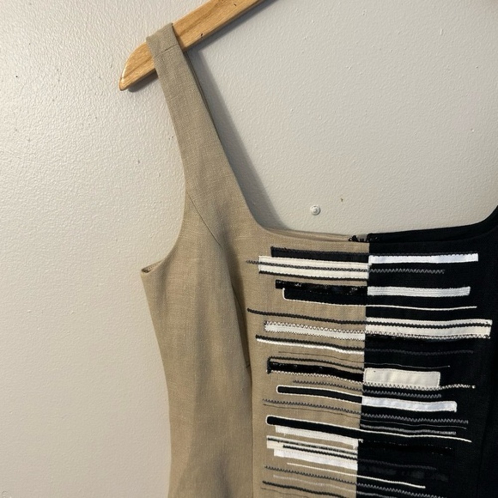 WORTH Embroidered 100% Linen Tan & Black Dress - Picture 5 of 8